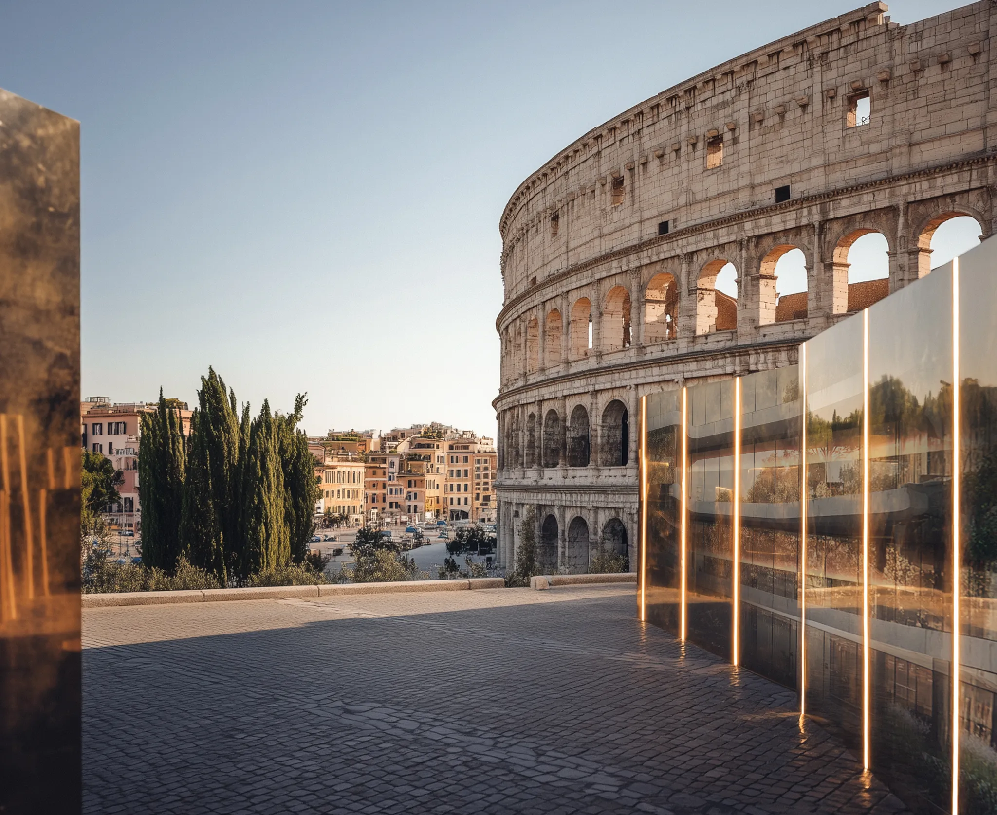 The Colosseum in Rome at sunset with nearby modern reflective panels featuring vertical orange lights.