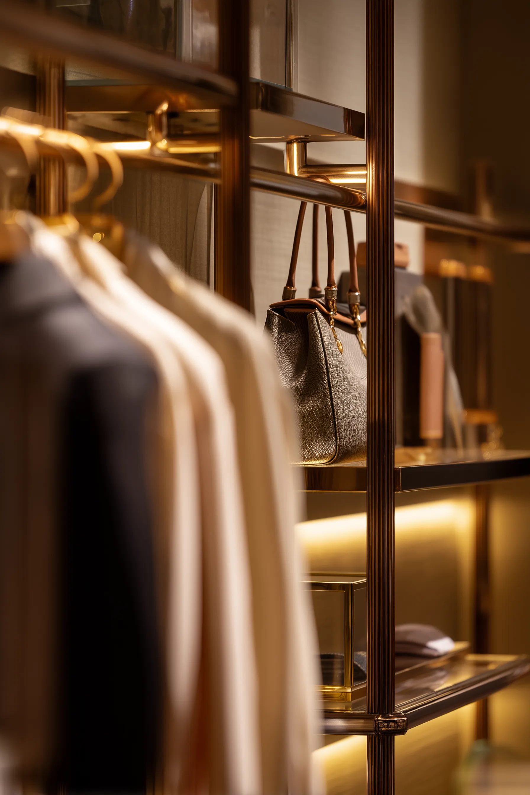 Luxury retail display with blurred clothing on hangers in the foreground and leather handbags on illuminated shelves in the background.